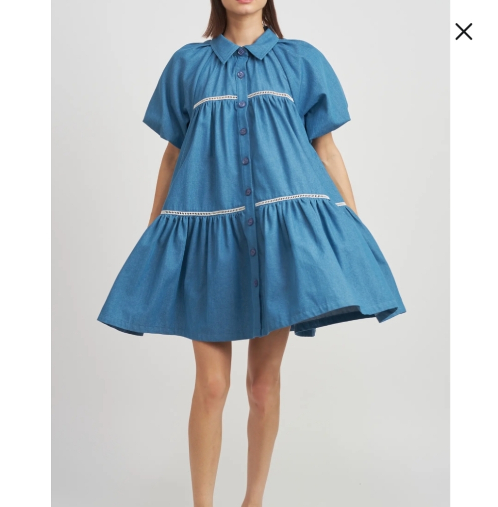 En Saison Tara Tiered Cotton Trapeze Mini Dress Denim Puff Sleeve Size Large